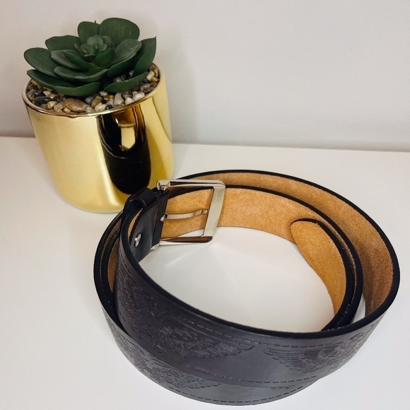 Brown 100% Italian Leather Belt with Eagle Motif Men's Size 44 - Picture 5 of 5